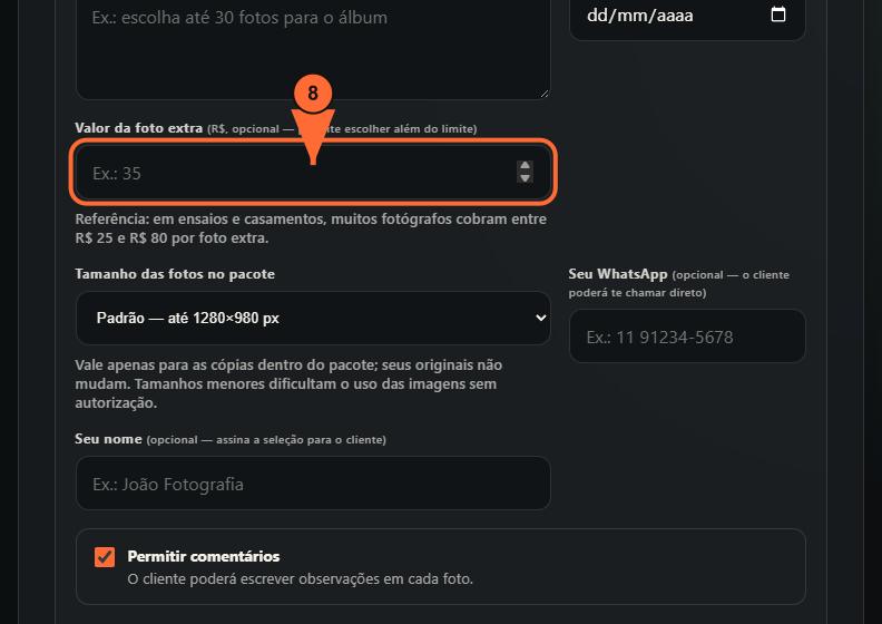 8. Informe o valor da foto extra