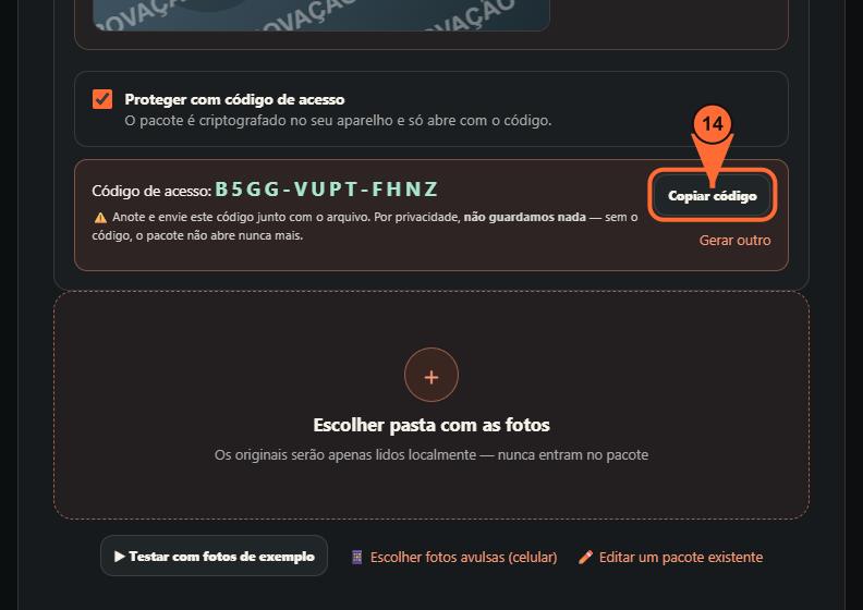14. Copie o código de acesso